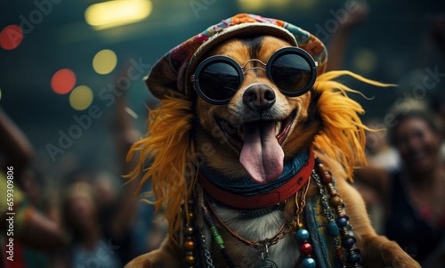 A merry party dog, dressed in vibrant carnival attire, enjoys a city street festivity. 
