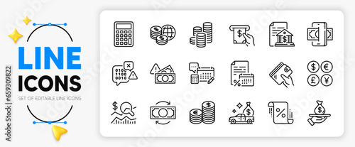 Cash transit, World money and Check investment line icons set for app include Currency, Bank document, Atm service outline thin icon. Coins, Binary code, Fraud pictogram icon. Wallet. Vector