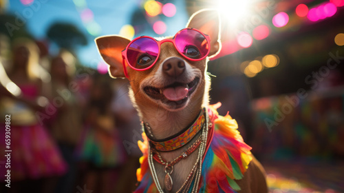 A jovial party dog, adorned in bright carnival clothes and fashionable shades, revels in the city's street festivities during a vibrant celebration.
 photo