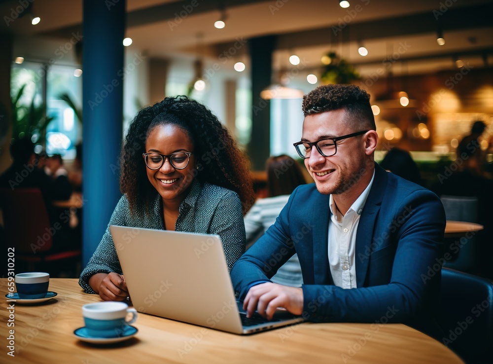 Multiracial business people sitting together at table using laptop working together in modern workspace man and woman smiling, human resources concept Generative AI Multiracial business people sitting together at table using laptop working together in modern workspace man and woman smiling, human resources concept Generative AI