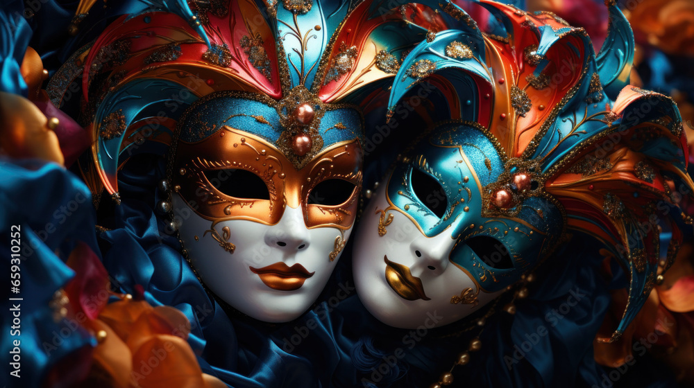 A vivid splash of art and merriment, Venetian carnival masks adorn this Mardi Gras banner with room for your copy.
