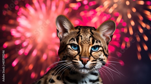 A mesmerizing portrait capturing the elegance of a Margay cat set against a backdrop of dazzling fireworks. © Liana