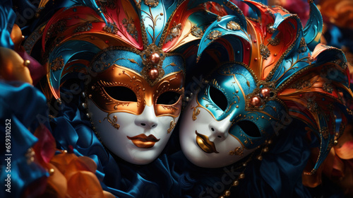 Canvastavla A vivid splash of art and merriment, Venetian carnival masks adorn this Mardi Gras banner with room for your copy