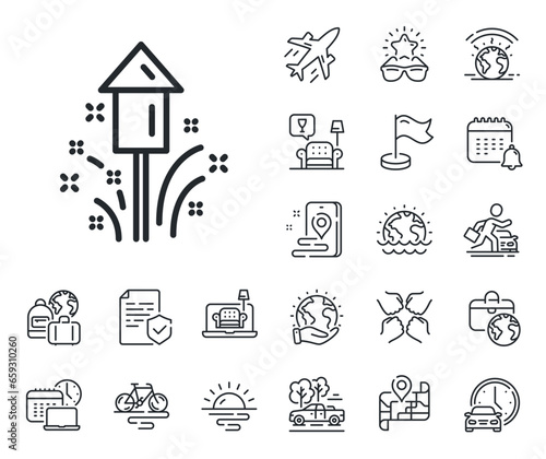 Christmas or New year rocket sign. Plane jet, travel map and baggage claim outline icons. Fireworks line icon. Pyrotechnic symbol. Fireworks line sign. Car rental, taxi transport icon. Vector