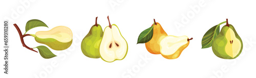 Green Pear Fruit with Stem and Leaf Vector Set