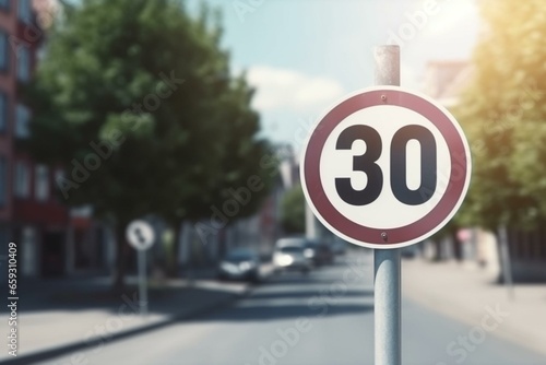 Transparent background road sign showing 30 km/h European speed limit. 3D render. Generative AI