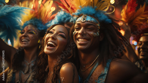 portrait of a couple in carnival mask. Carnival Joy in Rio: Traditional Costumes Illuminate the City Centre Celebrations.