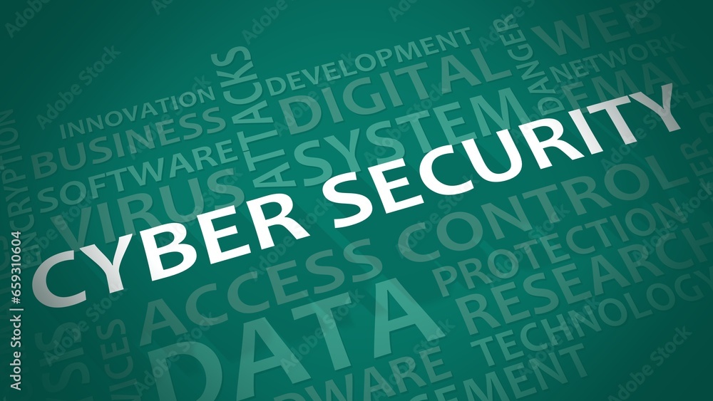 Cyber security typography graphic work, consisting of important words and concepts. 3D render
