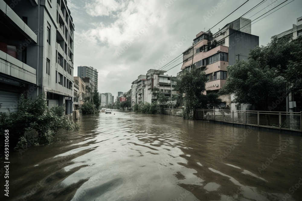 City submerged, typhoon. Generative AI
