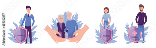 Insurance with People Character with Shield Vector Set