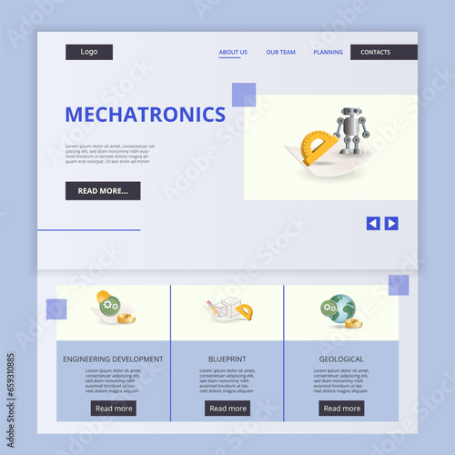 Mechatronics flat landing page website template. Engineering development, blueprint, geological. Web banner with header, content and footer. Vector illustration.