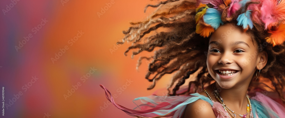 This beautiful African American girl, adorned with stylish dreadlocks and wearing a colorful carnival outfit, radiates joy as she playfully poses for a photo. This beautiful African American girl, adorned with stylish dreadlocks and wearing a colorful carnival outfit, radiates joy as she playfully poses for a photo.
