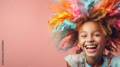 Her striking hair and carnival attire make this young African American girl a captivating subject as she bursts into laughter while posing for a photo.