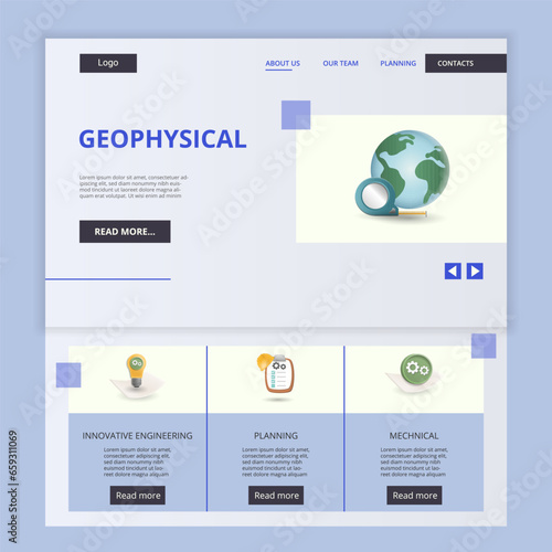 Geophysical flat landing page website template. Innovative engineering, planning, mechanical. Web banner with header, content and footer. Vector illustration.