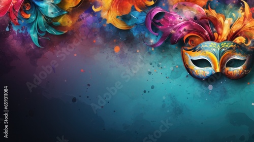 venetian carnival mask. During a vibrant Mardi Gras parade, a Venetian carnival mask shines with intricate patterns and colors, adorned with strands of beads, enhancing the festive ambiance.
