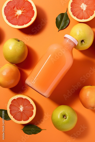 orange juice in a bottle with lemons and passion fruit on an orange background