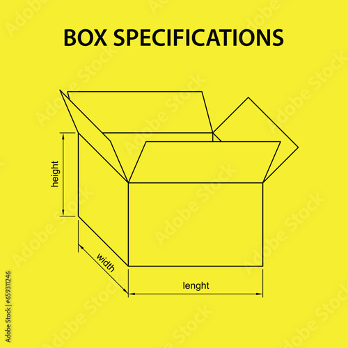 specifications of the shape and size of the box for packaging with arrows for length, width and height on model one box