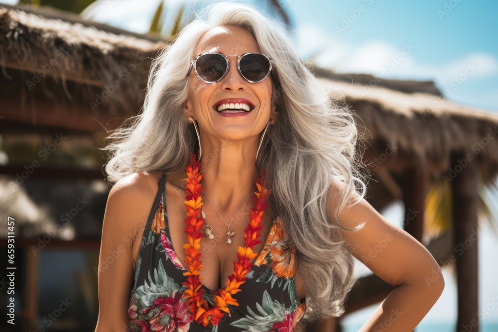 Smiling middle aged woman enjoying vacation on the beach generatuve ai