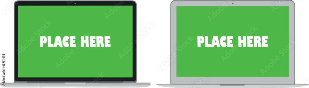 GREEN Laptop computer with blank gREEN screen isolate on white background. screen mockup template