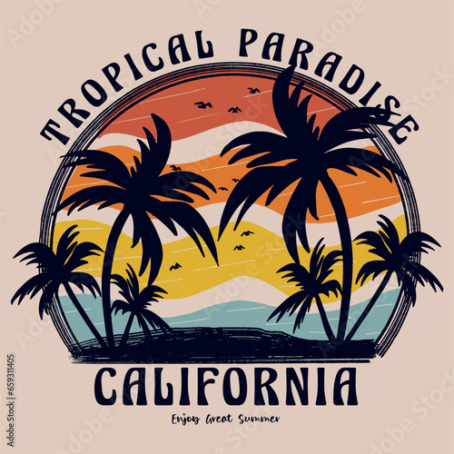 Tropical Paradise Beach Vibes. Endless summer. Summer good vibes graphic print design for t shirt print, poster, sticker, background. Summer vintage graphic print design.