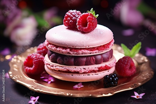 Delicious macaron adorned with berries. Generative AI photo