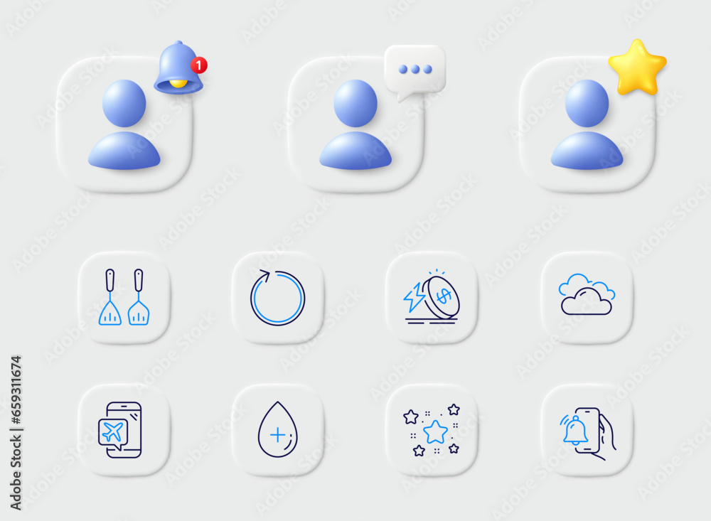 Alarm clock, Energy price and Loop line icons. Placeholder with 3d star, reminder bell, chat. Pack of Cooking cutlery, Flight mode, Stars icon. Oil serum, Cloudy weather pictogram. Vector Alarm clock, Energy price and Loop line icons. Placeholder with 3d star, reminder bell, chat. Pack of Cooking cutlery, Flight mode, Stars icon. Oil serum, Cloudy weather pictogram. Vector