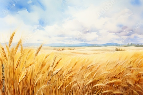 Illustration of a wheat field in watercolors. Generative AI