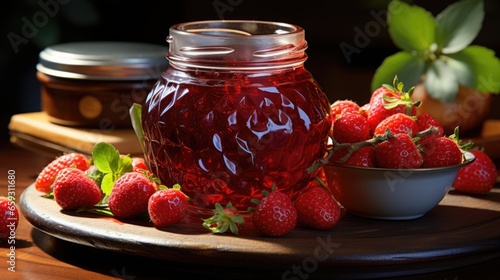 Strawberries and Jam on Wooden Table