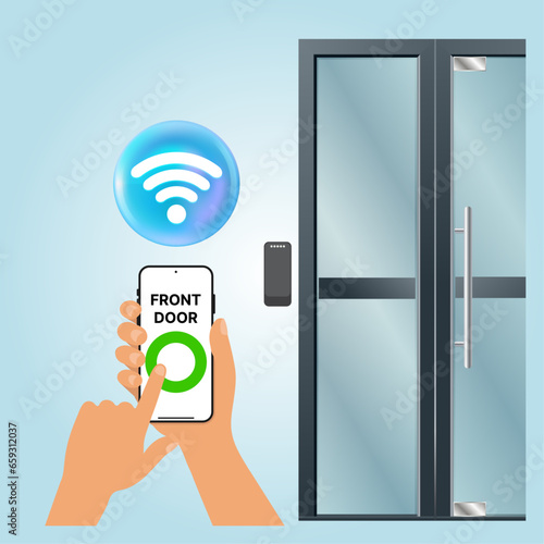 Mobile Credential and RFID Mobile Access Control Solution. Present smartphone over card reader, Close-up of human hands opening door with mobile app on smartphone. Vector.