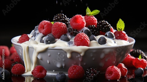 Berry Dessert Bowl with Whipped Cream on Table