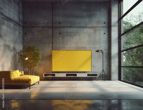 Modern design loft interior. Dark gray walls yellow elements. TV on the wall. Stylish furniture. Forest outside. Screen mockup. Generative AI. photo