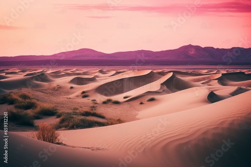 Surreal desert with rolling sand dunes and a pink gradient sky at sunrise. Generative AI