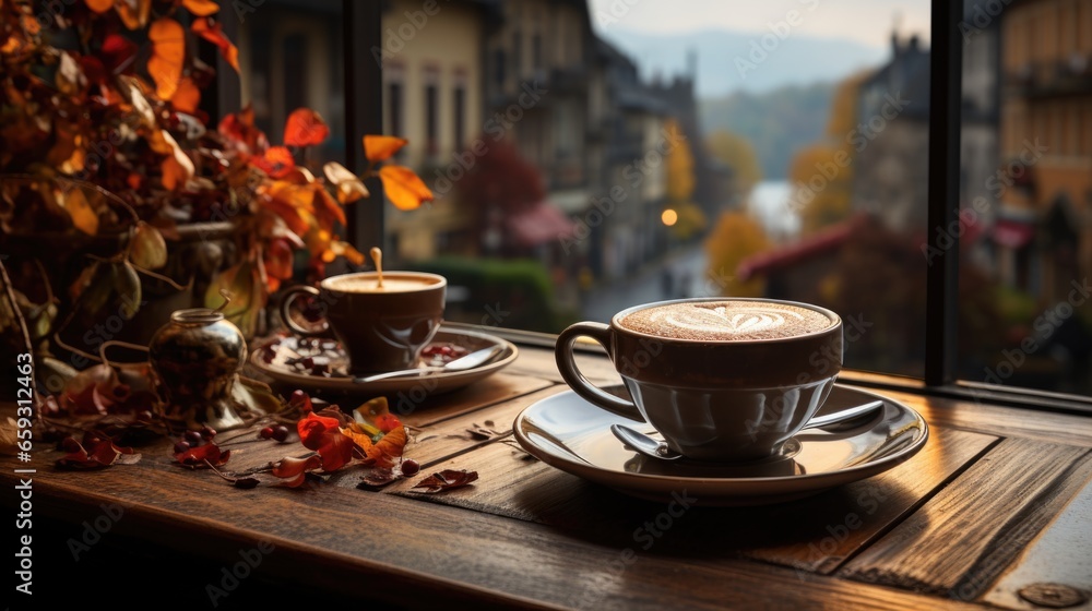 Cozy Coffee Setting with Greenery and Wooden Furniture Cozy Coffee Setting with Greenery and Wooden Furniture