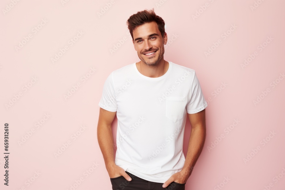 Portrait of a happy 30 - year - old man wearing a white t shirts with hands in pocket next to a light pink pastel background. Mock up t shirt concept. Portrait of a happy 30 - year - old man wearing a white t shirts with hands in pocket next to a light pink pastel background. Mock up t shirt concept.