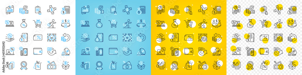 Vector icons set of Clipboard, Loan percent and Accounting wealth line icons pack for web with Payment exchange, Report document, Online tax outline icon. Discount medal, Money wallet. Vector Vector icons set of Clipboard, Loan percent and Accounting wealth line icons pack for web with Payment exchange, Report document, Online tax outline icon. Discount medal, Money wallet. Vector