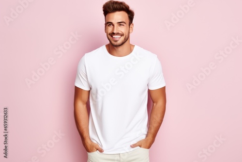 Portrait of a happy 30 - year - old man wearing a white t shirts with hands in pocket next to a light pink pastel background. Mock up t shirt concept.