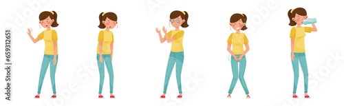 Diabetes Symptoms with Young Woman Suffer from Illness Vector Set