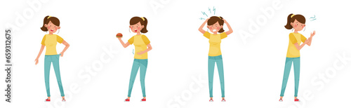 Diabetes Symptoms with Young Woman Suffer from Illness Vector Set