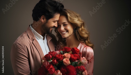 Couple on Valentine's Day. Man giving woman flowers on Valentine's Day. Man and Woman wedding.. Man and woman celebrating Valentine's Day together. Couple Wedding Photography