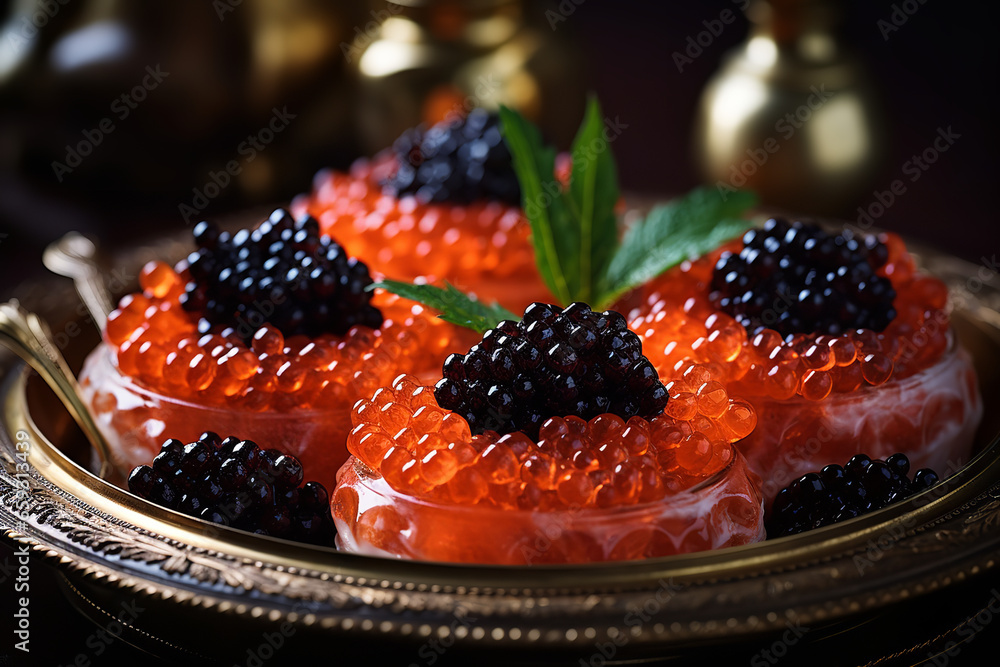salmon roe and black caviar, highlighting the differences in color and