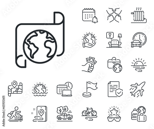 Translation service sign. Plane jet, travel map and baggage claim outline icons. Global business documents line icon. Internet marketing symbol. Translation service line sign. Vector
