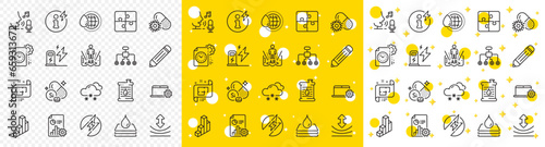 Outline Puzzle, 3d chart and Silicon mineral line icons pack for web with Waterproof, Charging station, Power info line icon. World water, Augmented reality, Pencil pictogram icon. Vector
