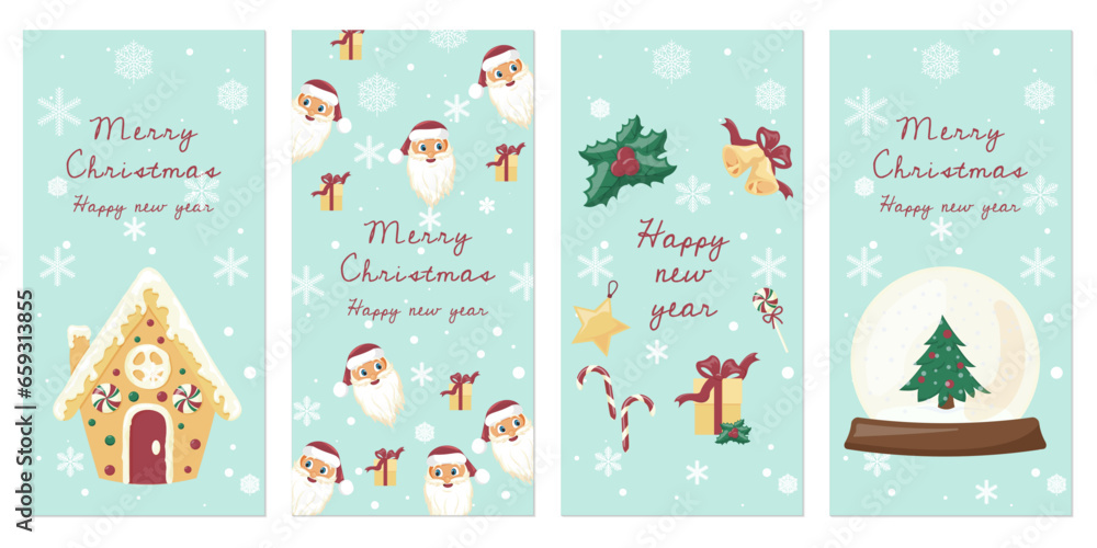 Set of Christmas cards with a snowman, a candle and other Christmas elements on a blue background. Vector illustration