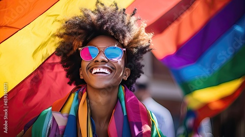 Radiant Pride: Queer Person Smiling With Pride Flag Embracing Joy and Unity. Generative AI 4