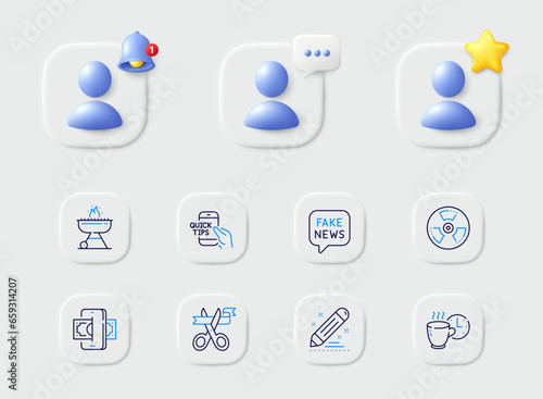 Cut ribbon, Grill and Coffee break line icons. Placeholder with 3d star, reminder bell, chat. Pack of Chemical hazard, Education, Brand contract icon. Phishing, Fake news pictogram. Vector