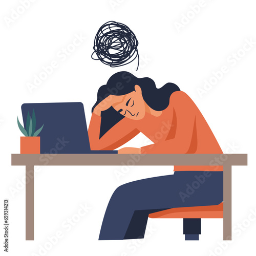 Flat vector illustration. girl sitting at the computer holding her head, headache, burnout at work, depression. Vector illustration
