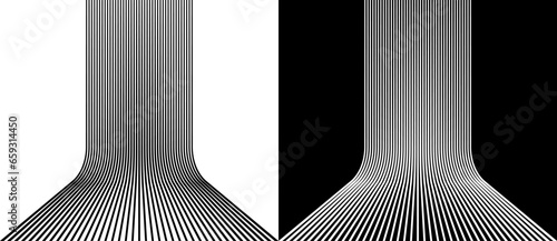 Lines rise up to horizon. A black figure on a white background and an equally white figure on the black side.