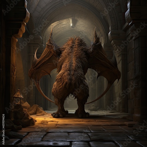 Giant horrific furry creature, a monster, with bat's wings standing in the dungeon. Mythology beast. Character design. Game scene, game design. Character arch