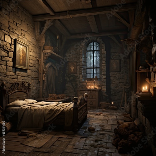 A medieval chamber in a castle, palace. Ancient tower interior. Game design. A scene from a medieval fantasy setting game