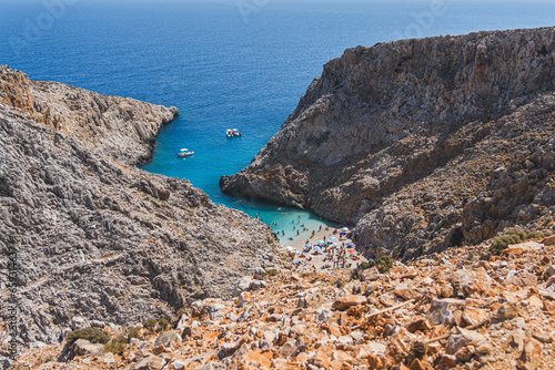 breathtaking view of tourists enjoying the summer holidays on Seitan Limania beach, Crete. High quality photo